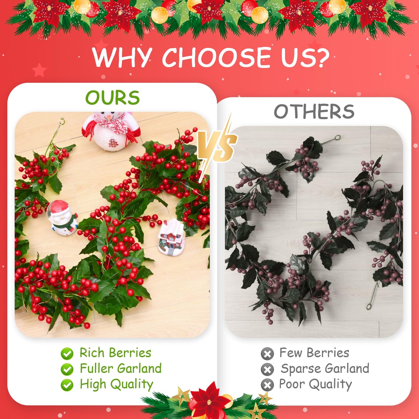 Christmas Garland, 2Pcs Red Berry Garland, Green Garland Christmas Decorations Indoor, Christmas Tree Garland for Mantle Holly Outdoor Home Table New Year Decor