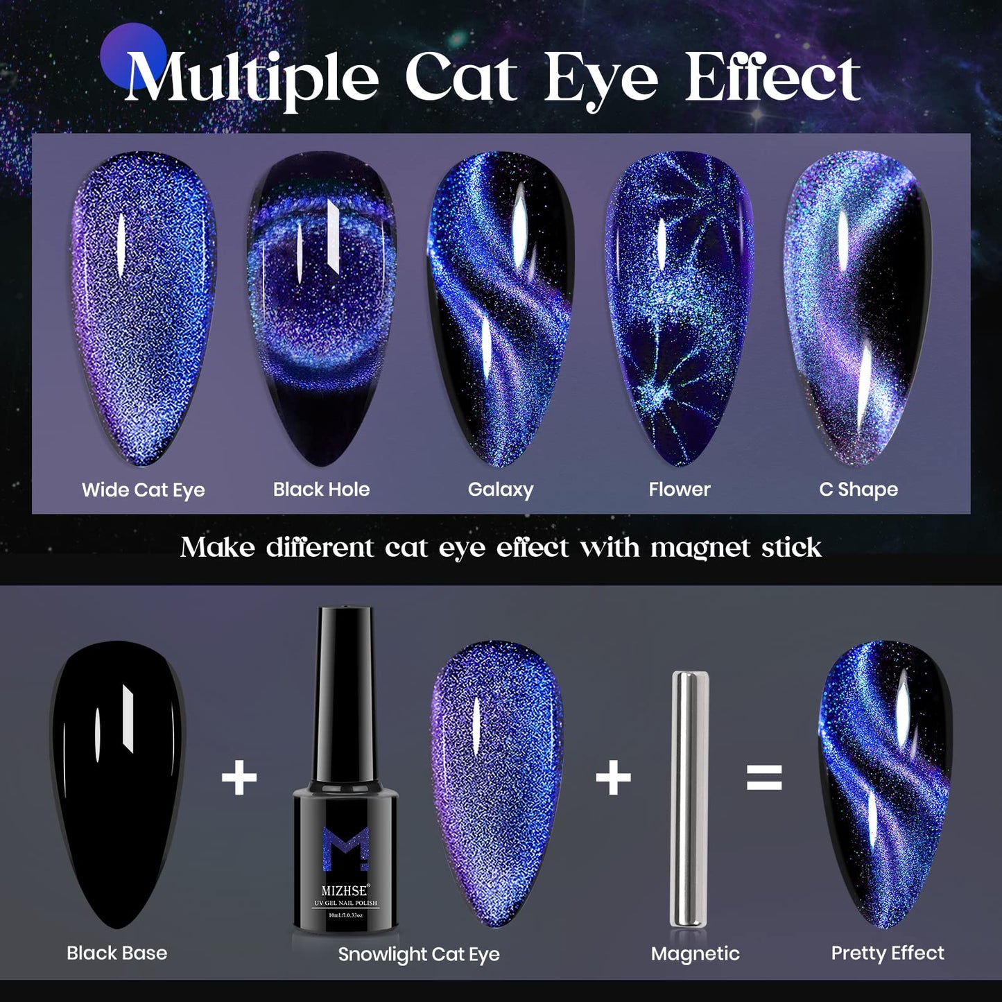 MIZHSE 9D Cat Eye Gel Nail Polish 10ml, Holographic Galaxy Cateye Magnetic Nail Polish Gel, Magic Chameleon Manicure Set(Blue)