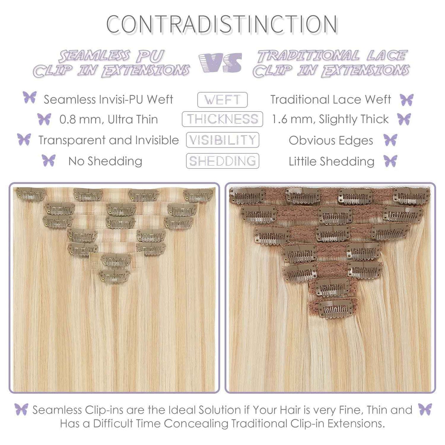 Lacer Hair 14 Inch 110g Seamless Hair Extensions Clip in Human Hair Dark Ash Blonde Mixed Platinum Blonde Invisible PU Skin Weft Straight Human Hair Highlight Color For Women