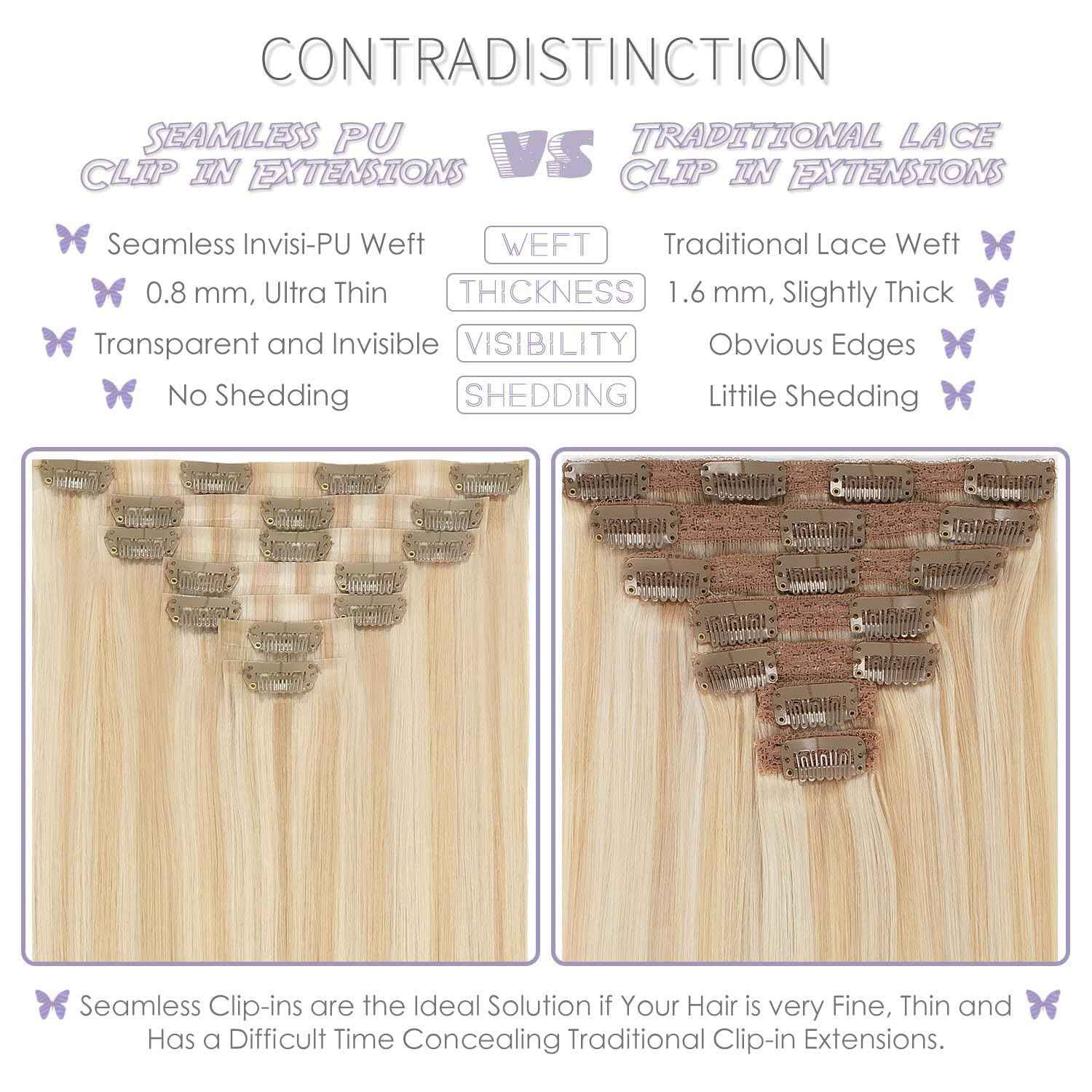 Lacer Hair 14 Inch 110g Seamless Hair Extensions Clip in Human Hair Dark Ash Blonde Mixed Platinum Blonde Invisible PU Skin Weft Straight Human Hair Highlight Color For Women