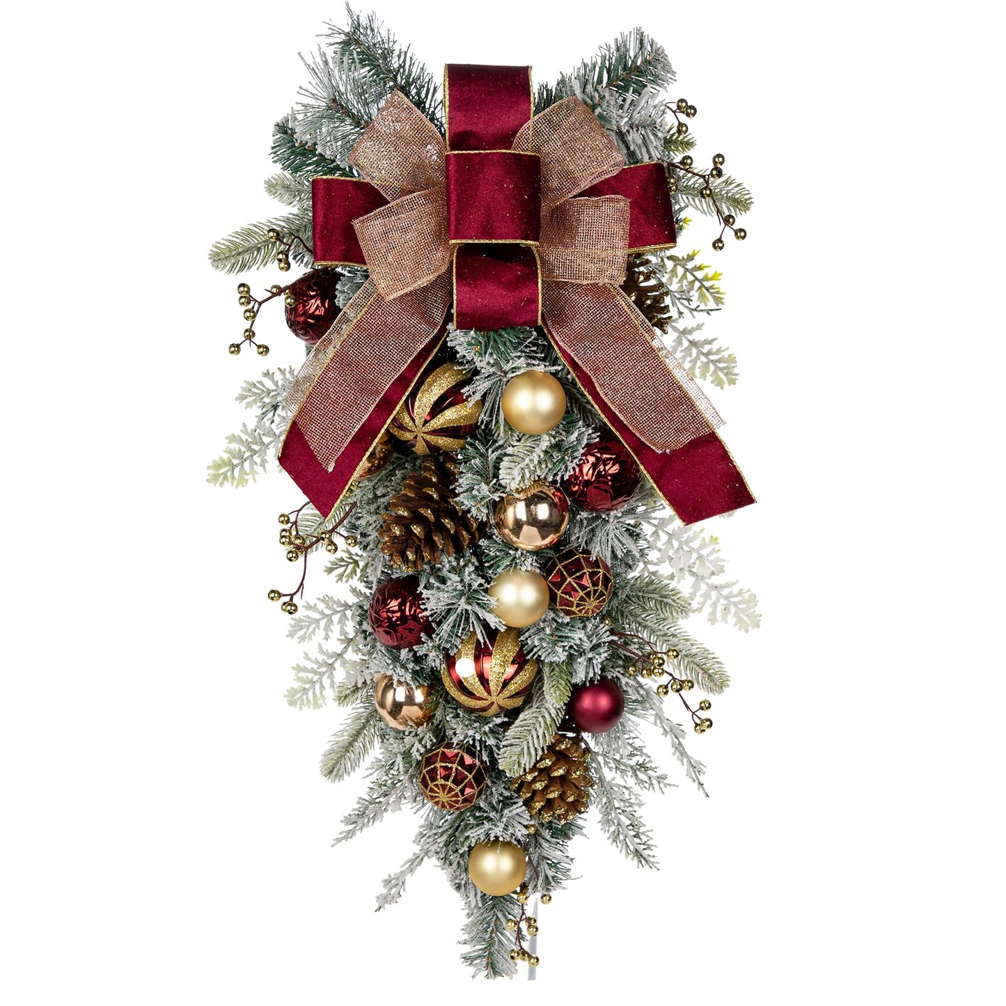 30" Christmas Teardrop Swag for Front Door Artificial Winter Swag Garland with Pine Cones, Berry Clusters, Burgundy Ball Ornaments and Ribbons for Thanksgiving Holiday Christmas Decoration