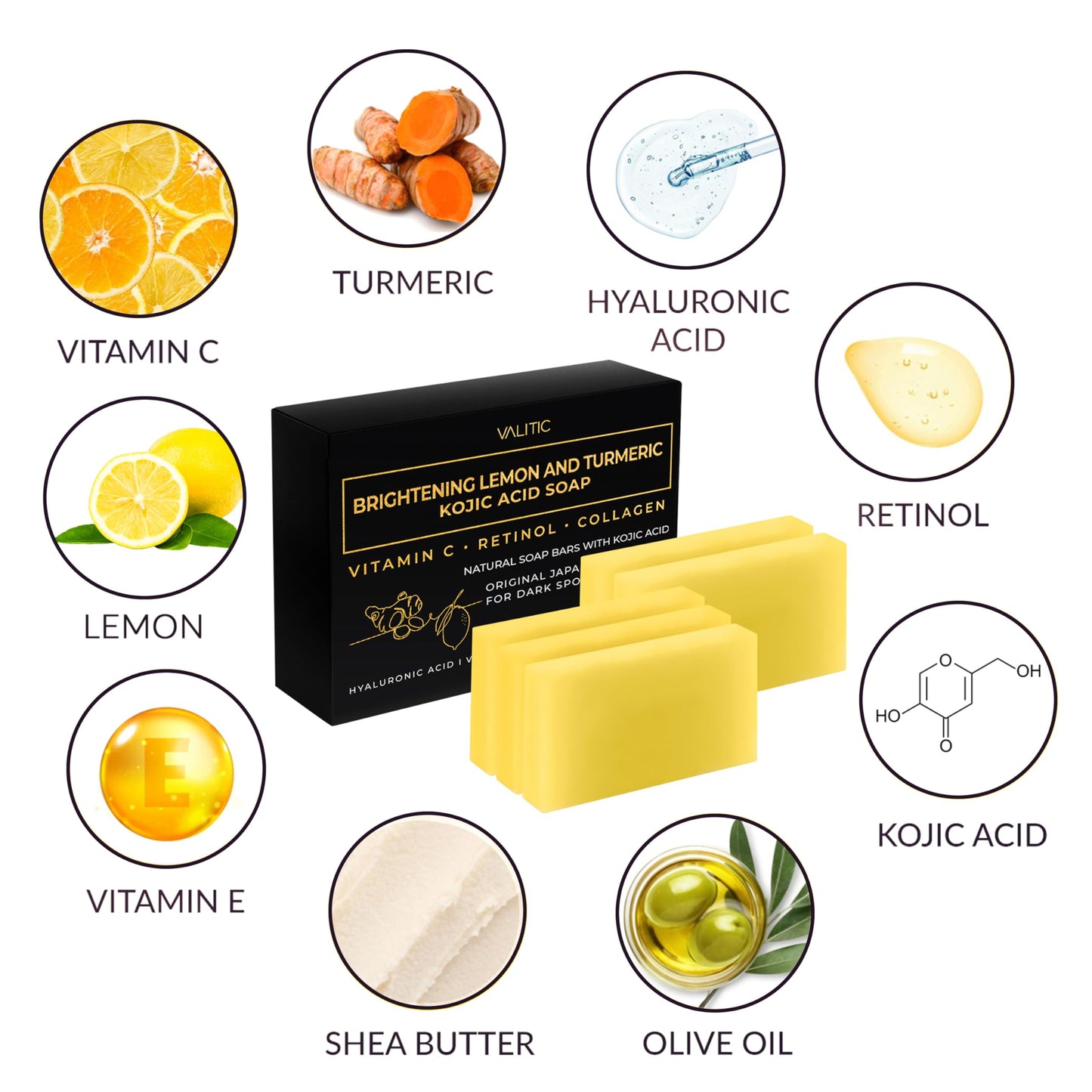 VALITIC Brightening Lemon & Turmeric Kojic Acid Soap with Vitamin C, Retinol, Collagen - Original Japanese Complex Infused with Hyaluronic Acid, Vitamin E, Shea Butter, Castile Olive Oil (5 Pack)