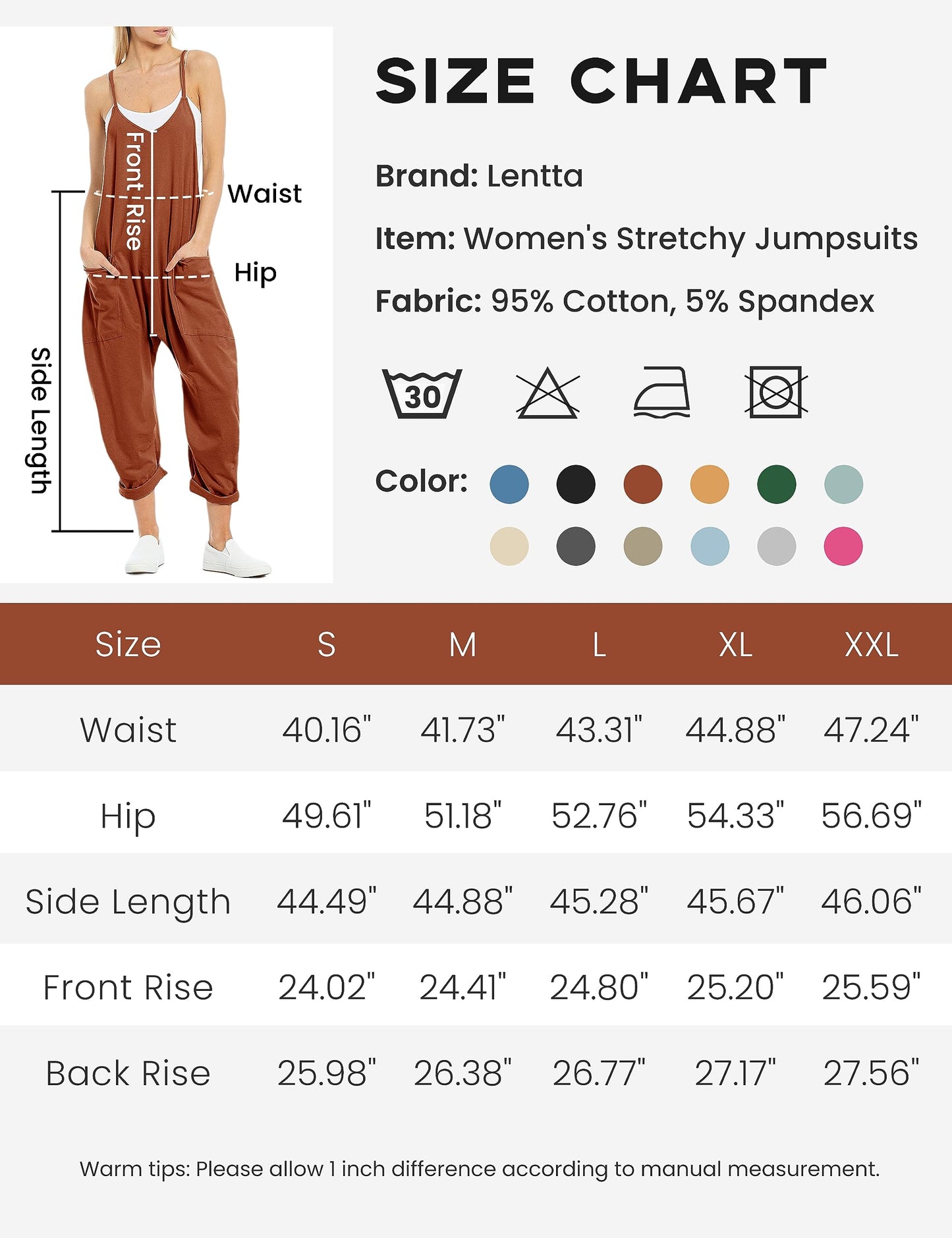 Lentta Women's Causal Jumpsuits V Neck Sleeveless Harem Overalls Stretchy Adjustable Strap Romper with Pockets(Rust-S)