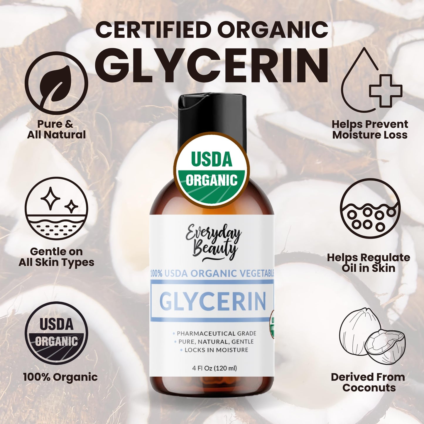 100% Organic Glycerin - For Skin & Hair - Food Grade - USDA Certified - Not From Palm Oil - Perfect Skin and Hair Moisturizer - 4 Fl Oz