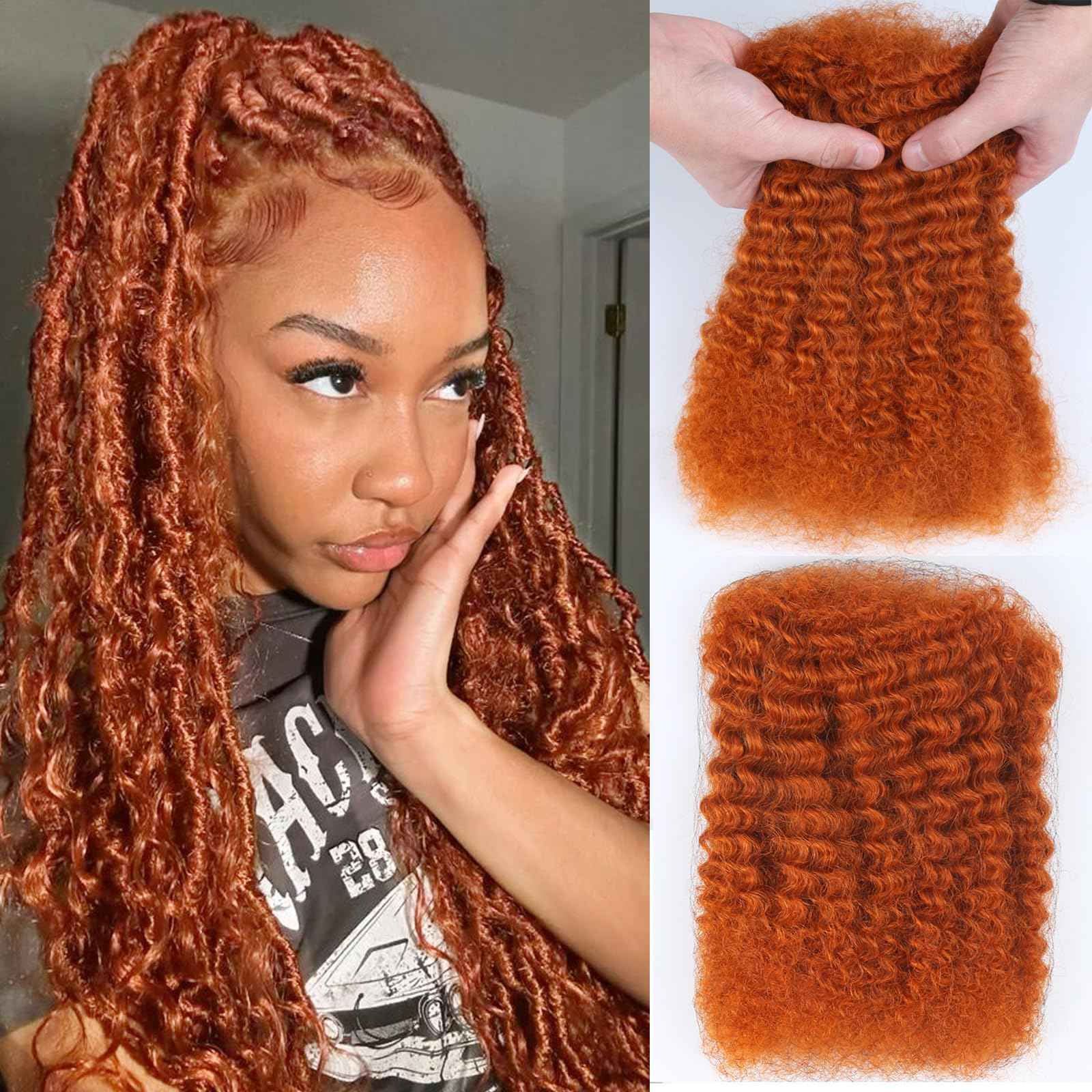 Afro Kinkys Bulk Human Hair for Braiding Afro Kinky-Curly Human Hair Bulk for Twist Ginger 18 Inch 50g/Bundle No Weft 4c Kinky Curly Bundles for Braids Micro Locs Dreadlock Extensions #350