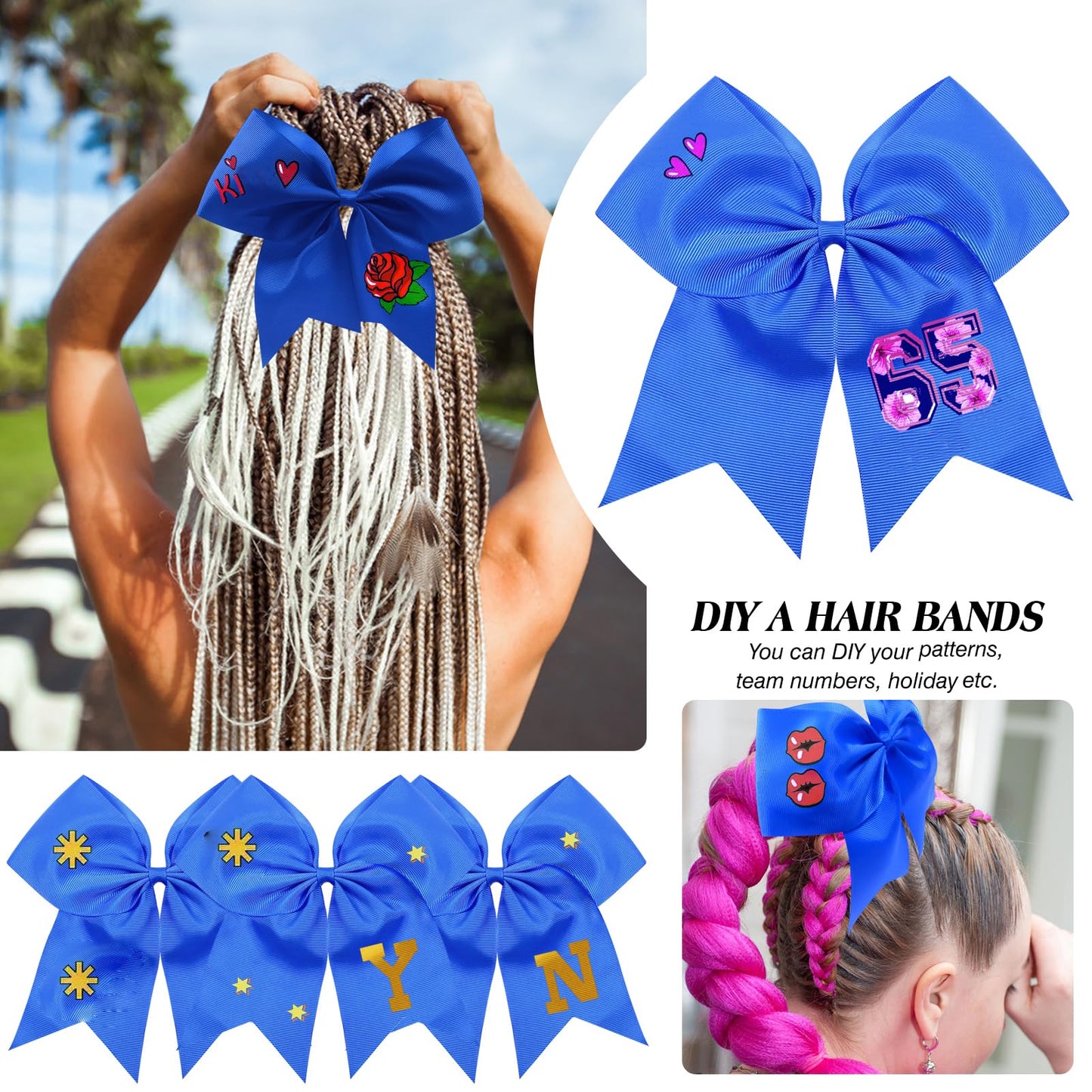 TUUXI 4pcs 8" Large Cheer Bows Blue Elastics Hair Ties Bands Grosgrain Ribbon Ponytail Holder for Cheerleading Team Baseball Softball Tennis Cheerleader Bows