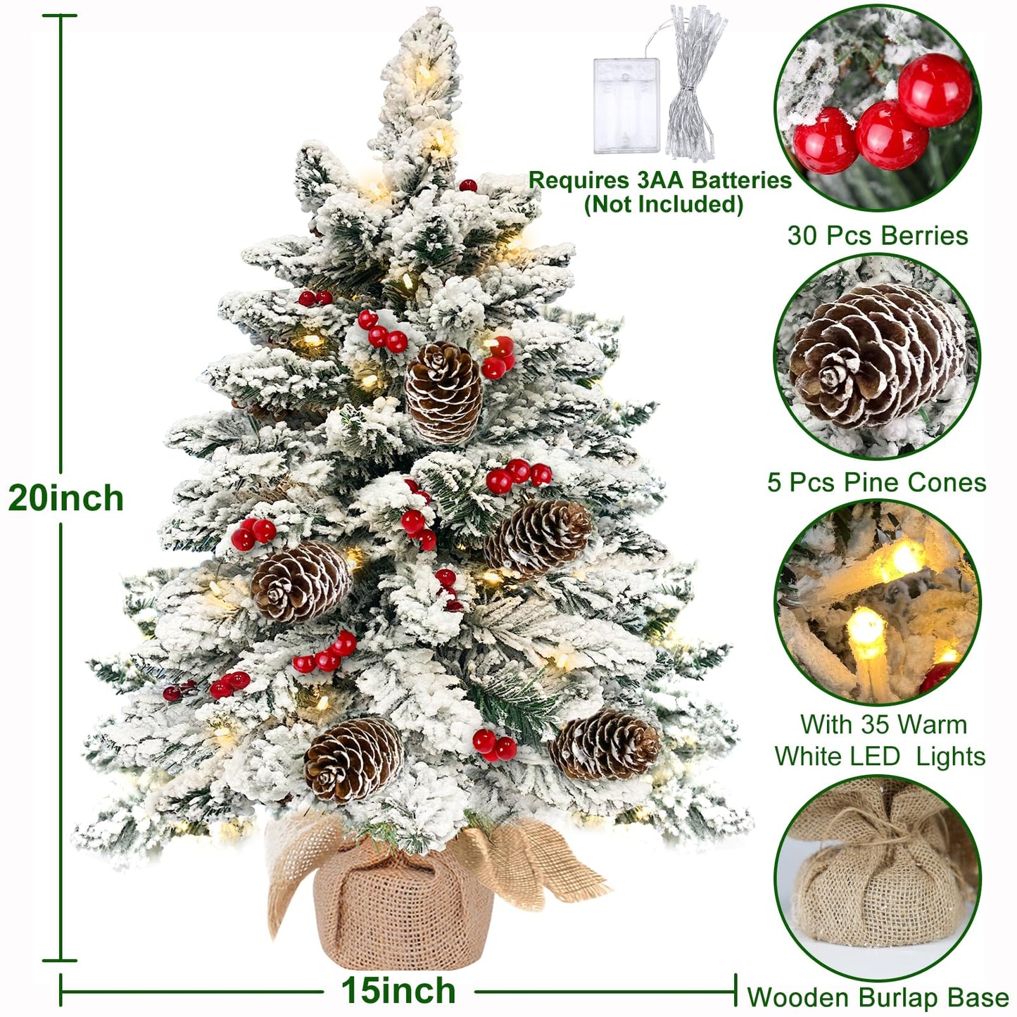 TURNMEON 20 Inch Flocked Christmas Tree with 35 Lights Timer, Tabletop Christmas Tree Battery Operated Warm Lights 30 Red Berries 5 Pine Cones Burlap Base Small Christmas Tree Xmas Decor Indoor Home