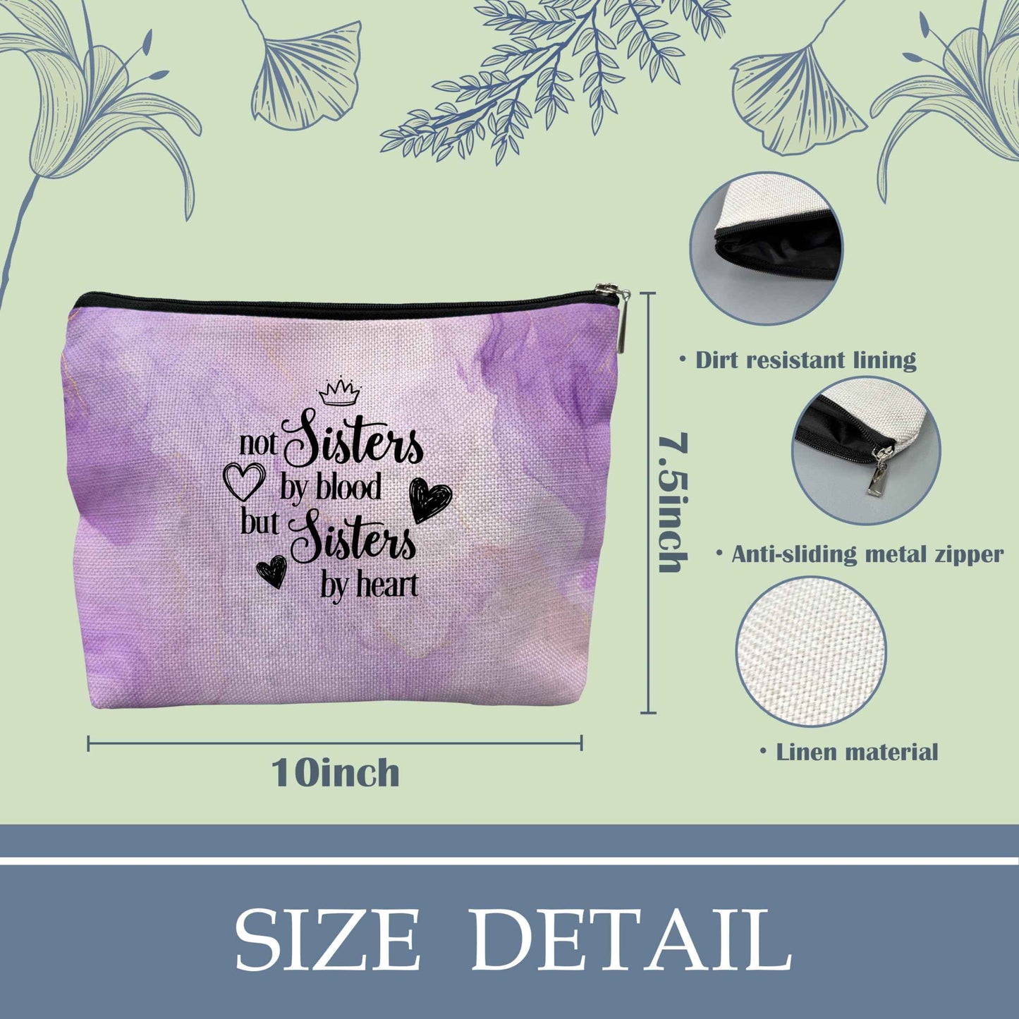 NATSUNO Sister Makeup Bag,Sister Cosmetic Bag,Gifts For Sisters From Sisters,Purple Makeup Bag,Gifts For Sister,Cute Makeup Bags,Girls Makeup Bag,Not Sisters By Blood But Sisters By Heart Makeup Bag