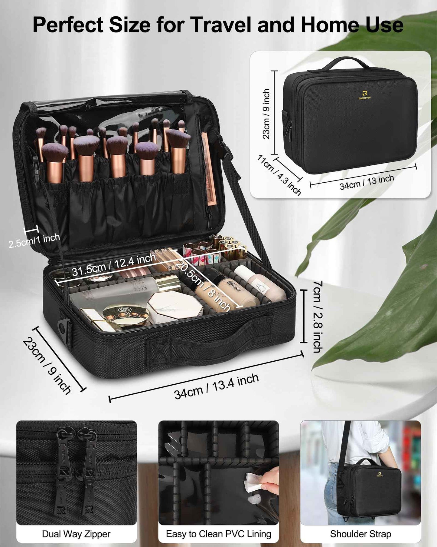 Relavel Travel Makeup Train Case Makeup Cosmetic Case Organizer Portable Artist Storage Bag with Adjustable Dividers for Cosmetics Makeup Brushes Toiletry (medium black)