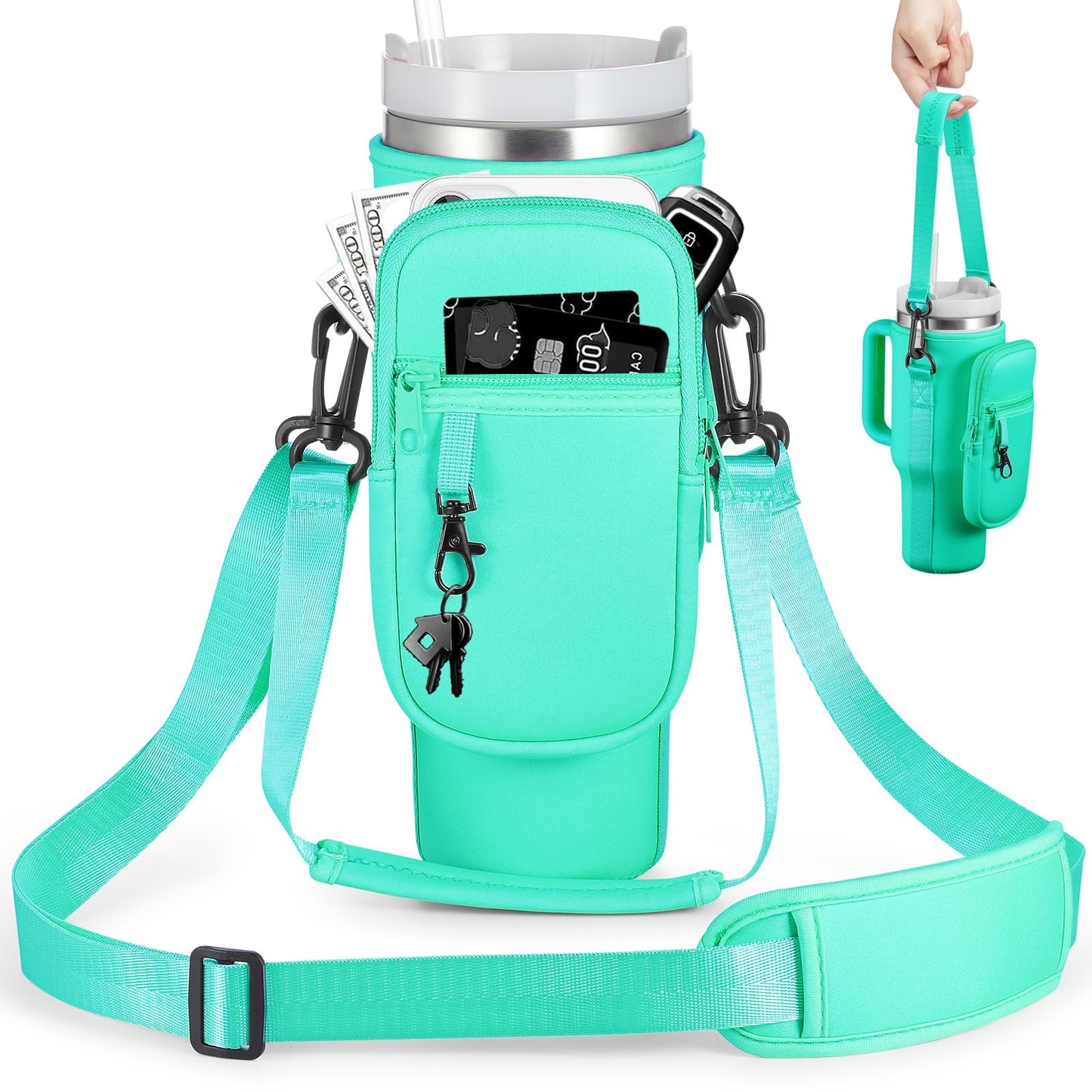 BULKITEM 40oz Water Bottle Carrier Bag with Phone Pocket for Green Stanley 40 oz Tumbler with Handle, Green Insulated Neoprene Cup Holder Pouch Strap for Valentines Stanley Cup Accessories