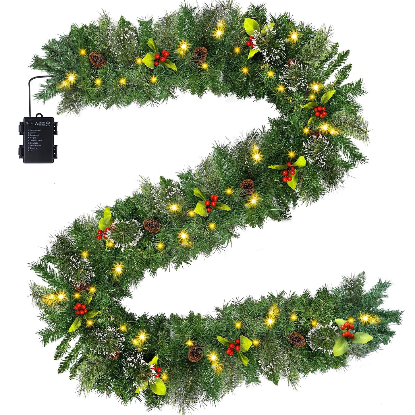 Juegoal 9ft Prelit Christmas Garland, Artificial Xmas Greenery Garland with 50 Warm White LED Lights, Battery Operated & Timer, Lighted for Indoor Outdoor Holiday New Year Winter Garden Gate Home