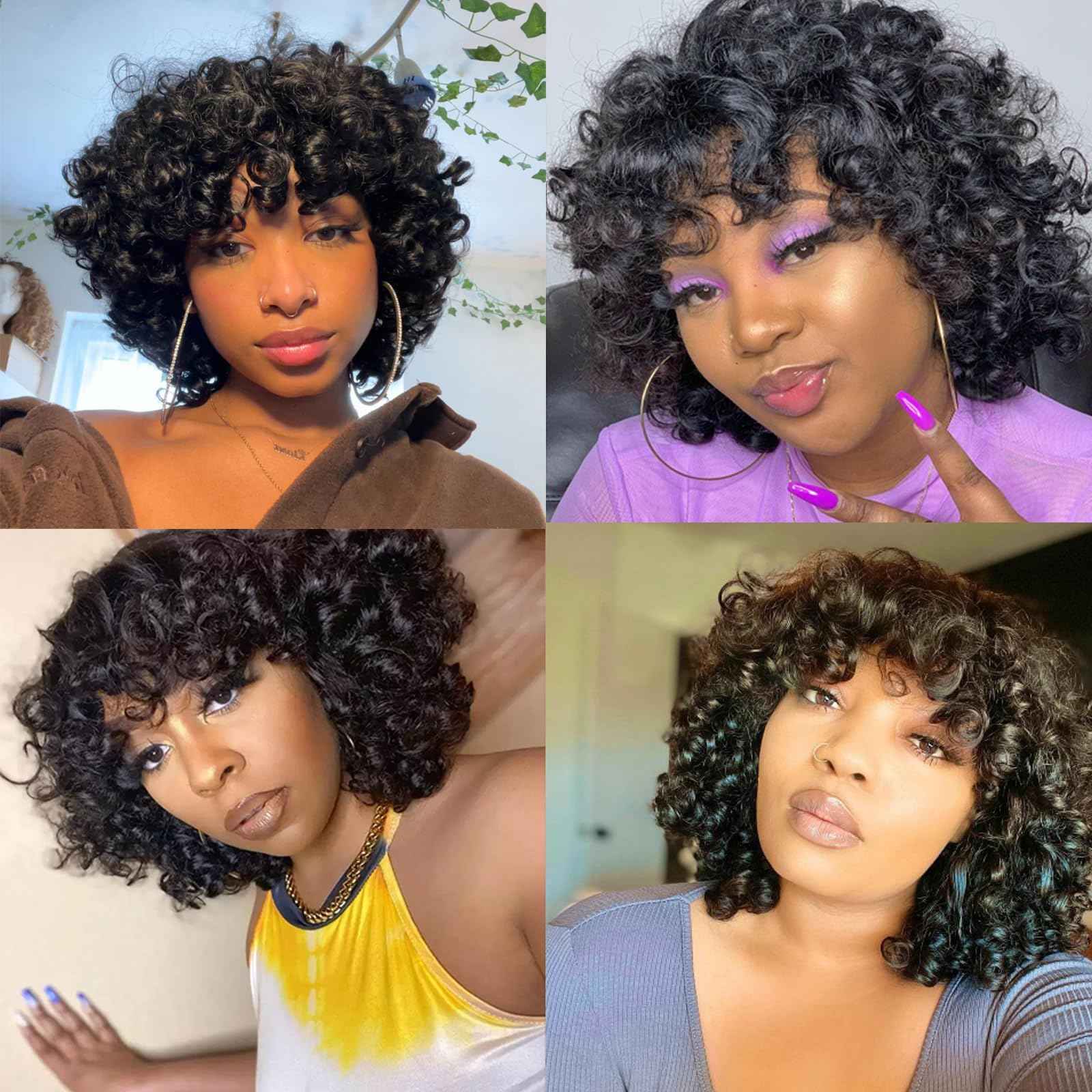 IMAYLI Fringe Bouncy Human Hair Wigs For Black Women Afro Rose Curly Funmi Glueless Wigs with Bangs Short Bouncy Curly Bob Wig With Bang 8Inch 180% Density Natural Black