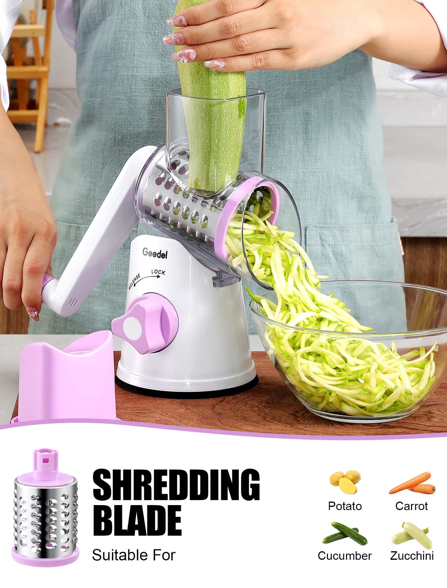 Geedel Rotary Cheese Grater, Kitchen Mandoline Vegetable Slicer with 3 Interchangeable Blades, Easy to Clean Rotary Grater Slicer for Fruit, Vegetables, Nuts