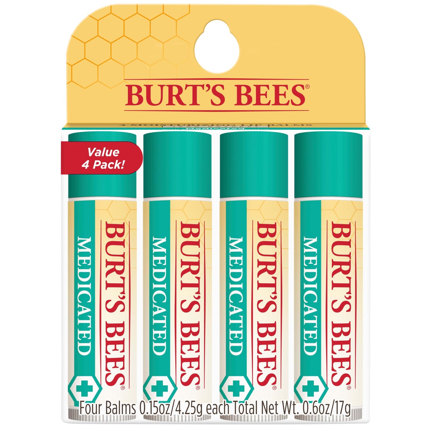 Burt's Bees Medicated Lip Balm, With Eucalyptus Oil and Menthol, Tint-Free, Natural Origin Lip Care, 4 Tubes, 0.15 oz.