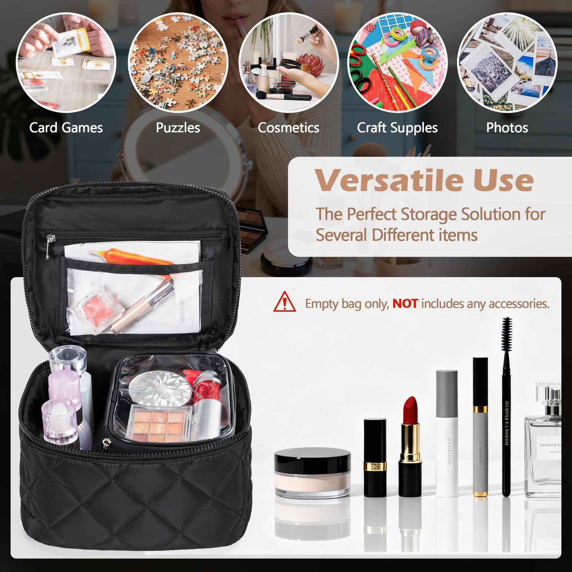 Trahzia Travel Makeup Bag with 4 Clear Cases, Large Quilted Cosmetic Organizer for Women, Puffy Storage Bag for Cosmetics, Photos or Pill Bottles, Black (Empty Bag)
