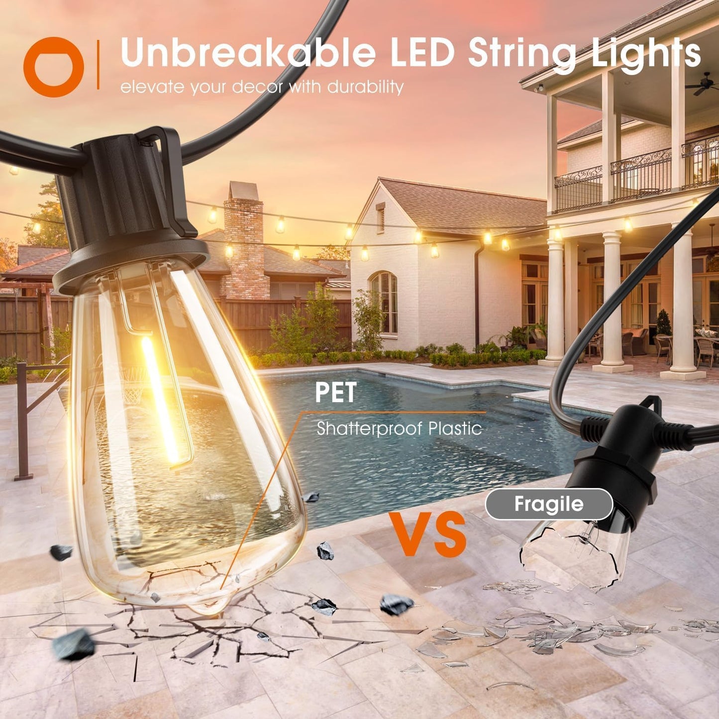 addlon 50FT LED Outdoor String Lights Waterproof Patio Lights with 27 Shatterproof ST38 Replaceable Bulbs(2 Spare), Dimmable Outside Hanging Lights Connectable for Porch, Backyard, 2200K Warm Yellow