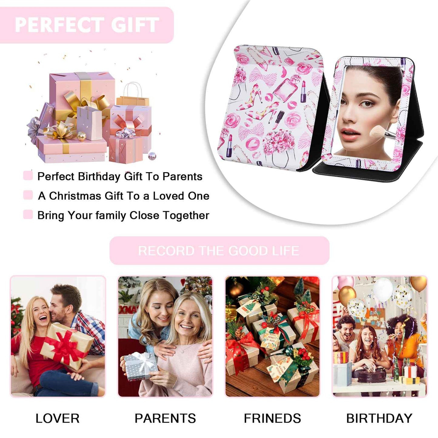 GLINTZ Portable Folding PU Leather Makeup Mirror with Adjustable Stand Large, Rectangular Desktop Vanity Mirror with Rounded Corners for Travel, Camping, Office, 7x9 Inches