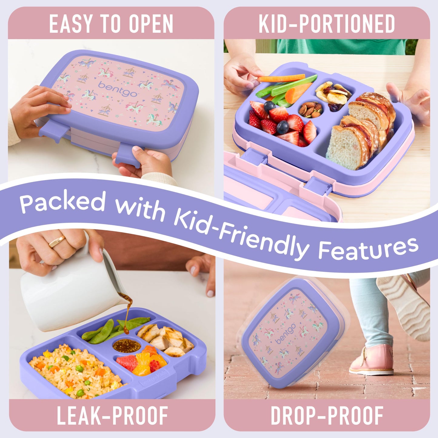 Bentgo Kids Prints Leak-Proof, 5-Compartment Bento-Style Kids Lunch Box - Ideal Portion Sizes for Ages 3-7, Durable, Drop-Proof, Dishwasher Safe, & Made with BPA-Free Materials (Carousel Unicorns)