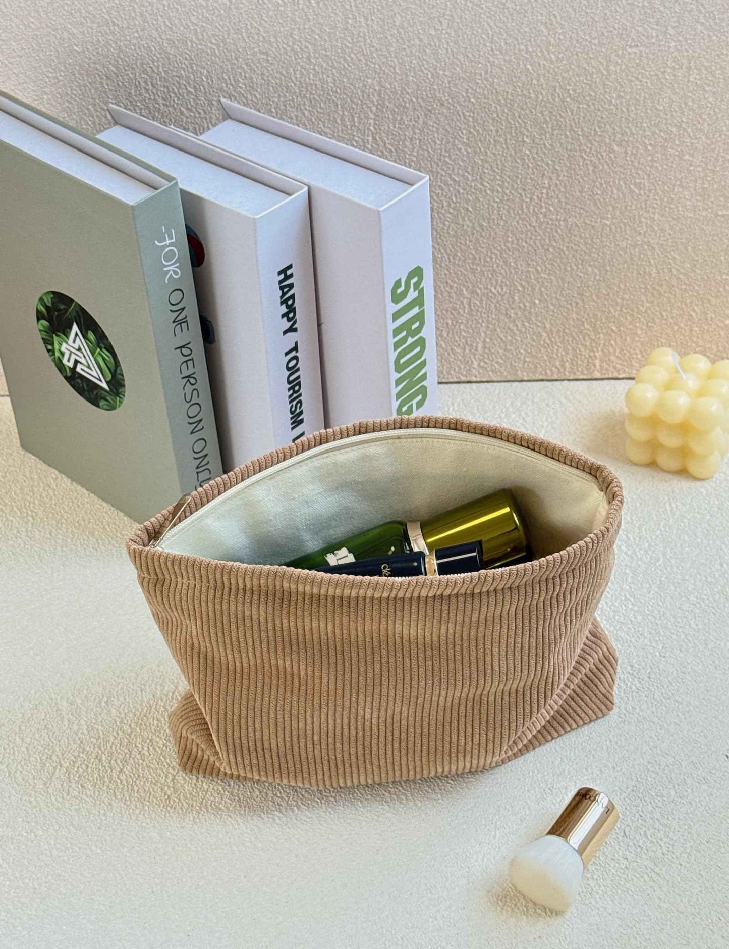 RIKMOXR 2 large makeup bags Women's Corduroy Canvas Makeup Bag, Travel Makeup Bag, Wallet Organizer, Khaki and Orange Flower Pattern