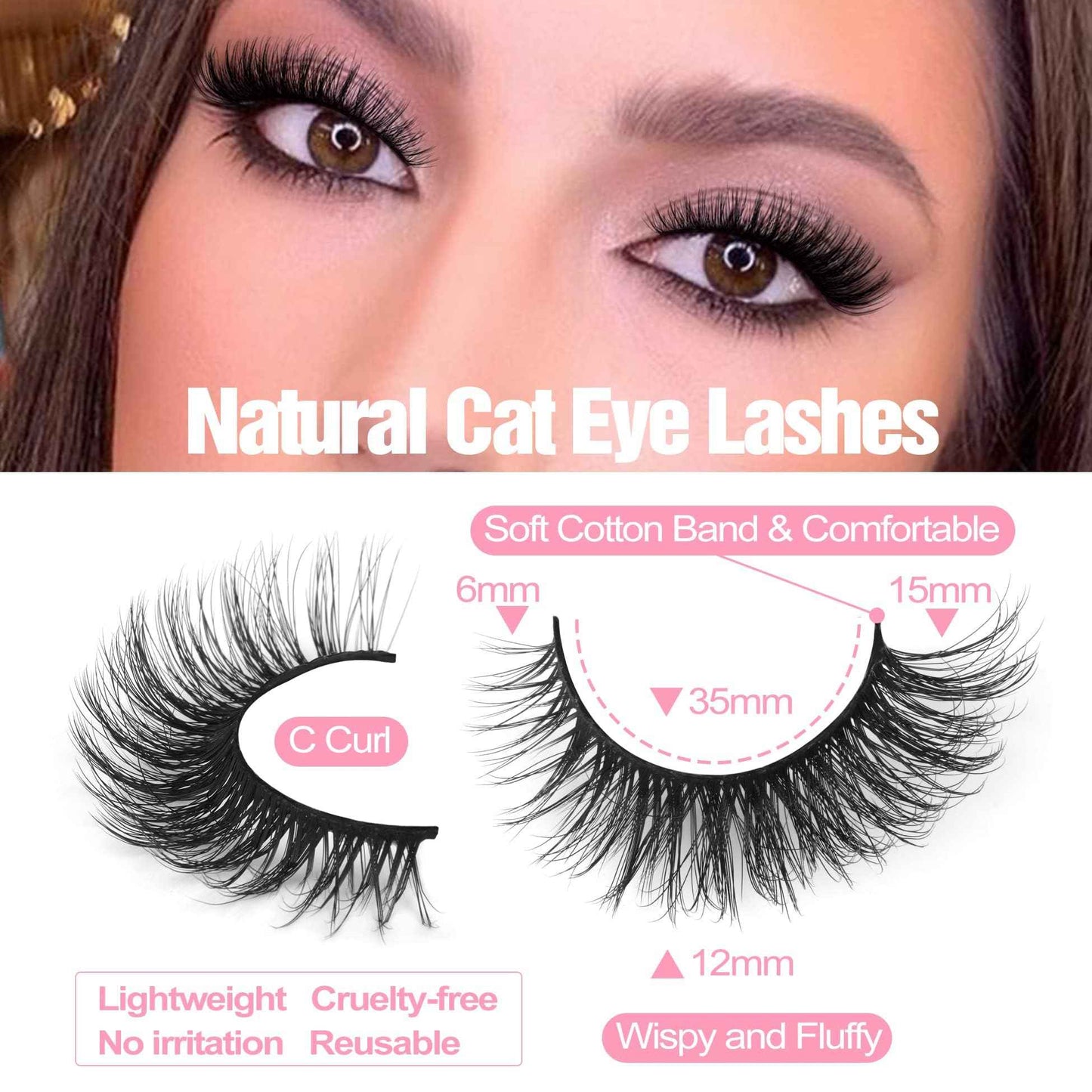 False Eyelashes Cat Eye Lashes Dramatic Fake Eyelashes Natural Look 7 Pairs 10-20 MM Fox Eye 8D Wispy Full Extension Pack Volume Thick Faux Mink Lashes Cruelty Free Light