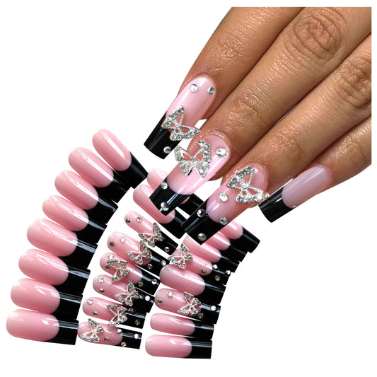 Black Press on Nails Medium Long French Tip Nails Press Ons Kit Charms Gems Silver Butterfly Rhinestone Pink Fake Nails Artificial Coffin Gel Like Glossy 3D False Nail Manicure for Women Girls 24