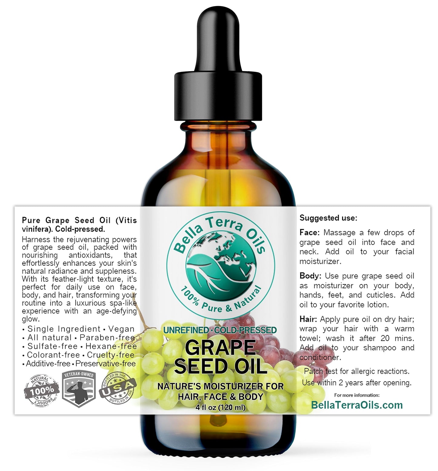 Bella Terra Oils - Organic Grape Seed Oil 4 oz - Embrace the Richness of Polyphenols & Flavonoids, Infused with Oleic Acid, For a Silky-Smooth Skin Finish