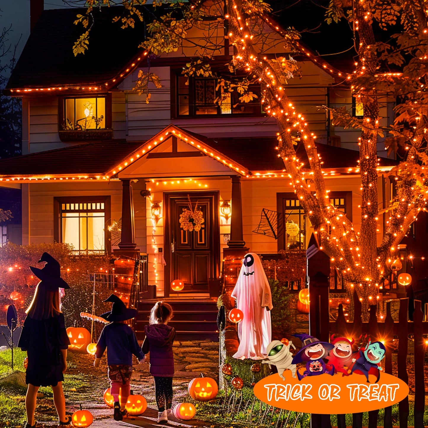 JMEXSUSS 600 LED Orange Solar Halloween Lights, 206.7 ft Solar String Lights Outdoor Waterproof, 8 Modes Orange Halloween Lights for Outside Tree Patio Bushes Halloween Decorations