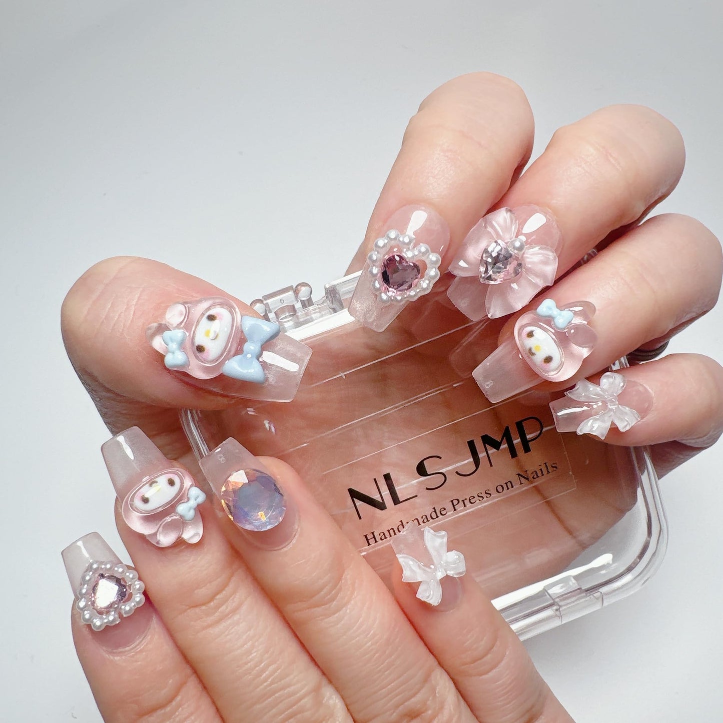 NLSJMP Thick Acrylic Press on Nails, Handmade Gel Press On Nails Long Square, bling pearl Cute bow rhinestone Kawaii Fake Nails Kit,Reusable 10 Nails Size M,#949