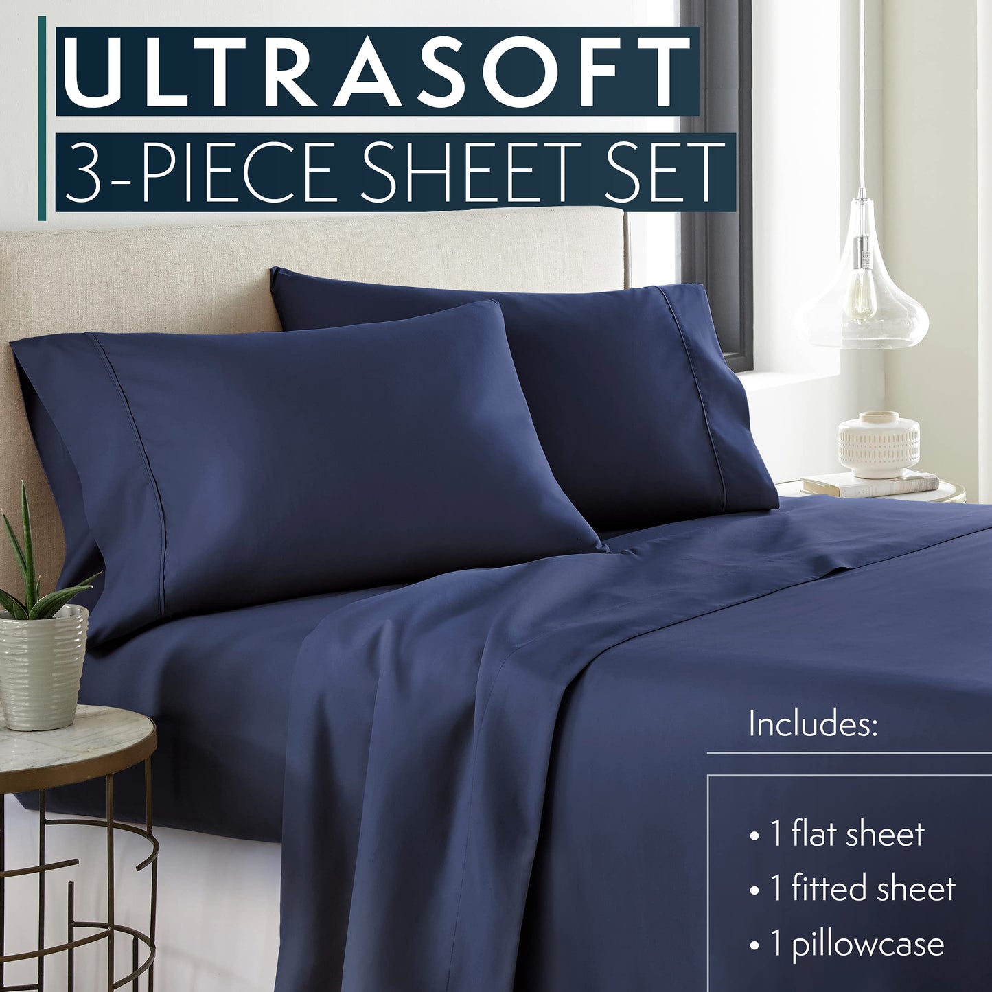 Twin Sheets Set, 3 pc Bed Sheets & Pillowcase Set - Machine Washable for Easy Care - Soft & Breathable All Season Microfiber Sheets with Deep Pockets - Navy