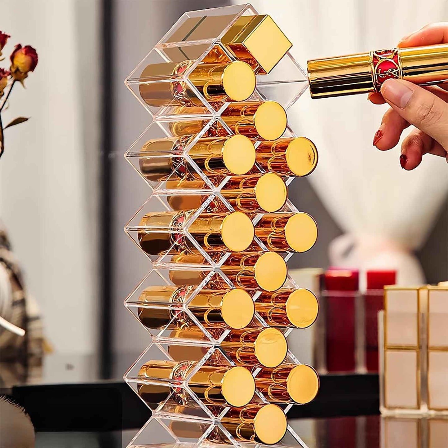 Cedilis 4 Pack Acrylic Lipstick Holder Organizer, 64 Slot Clear Lip Gloss Storage Organizer, Fish Shape Lipstick Display Stand Tower for Cosmetic Makeup and Dresser Display