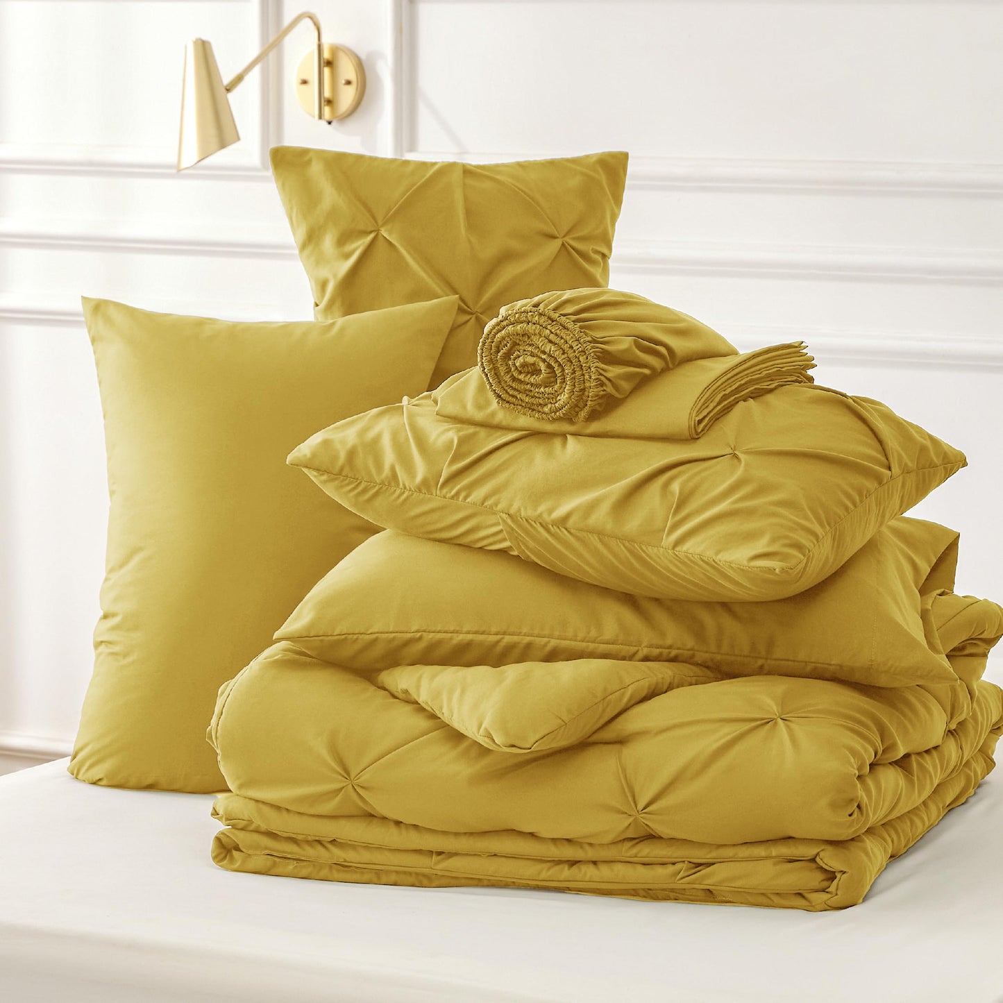 Bedsure Twin Comforter Set with Sheets - 5 Pieces Twin Bedding Sets, Pinch Pleat Mustard Yellow Twin Bed in a Bag with Comforter, Sheets, Pillowcase & Sham