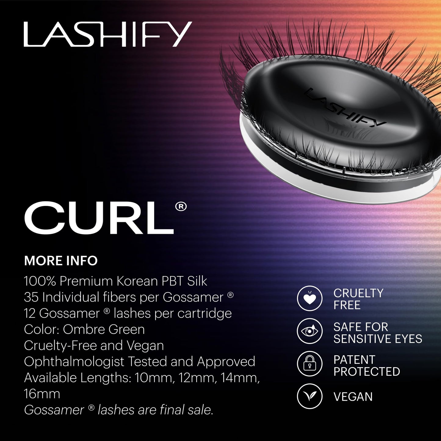 Lashify Curl 12mm Gossamer Eyelash Extensions Refill in Ombre Green, Easy DIY False Lashes for a Natural Look