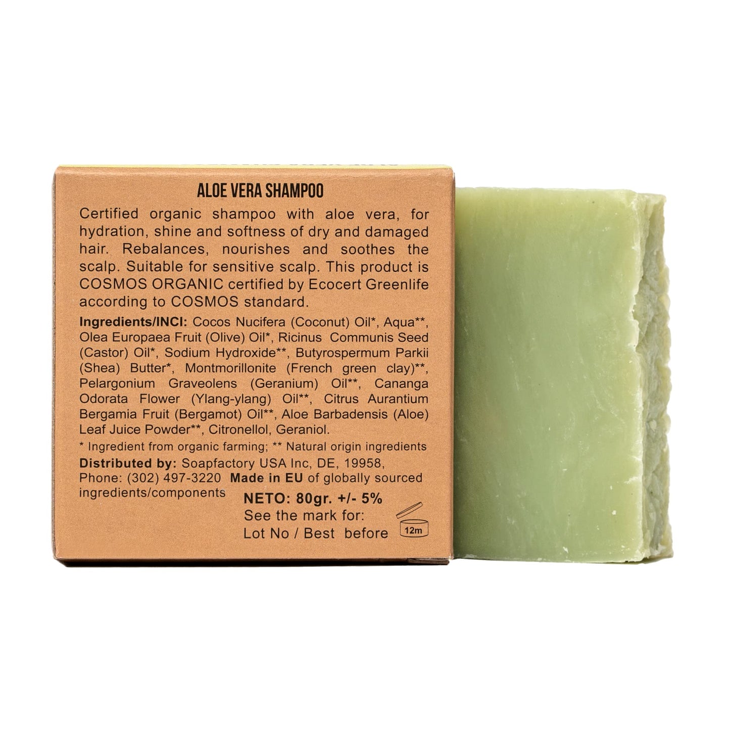 SoapFactory Organic Solid Shampoo Bar for thinning Hair, Hair Soap with Aloe Vera for Men and Women, 100% Natural, Vegan, Handmade, Plastic Free, 3 ounce