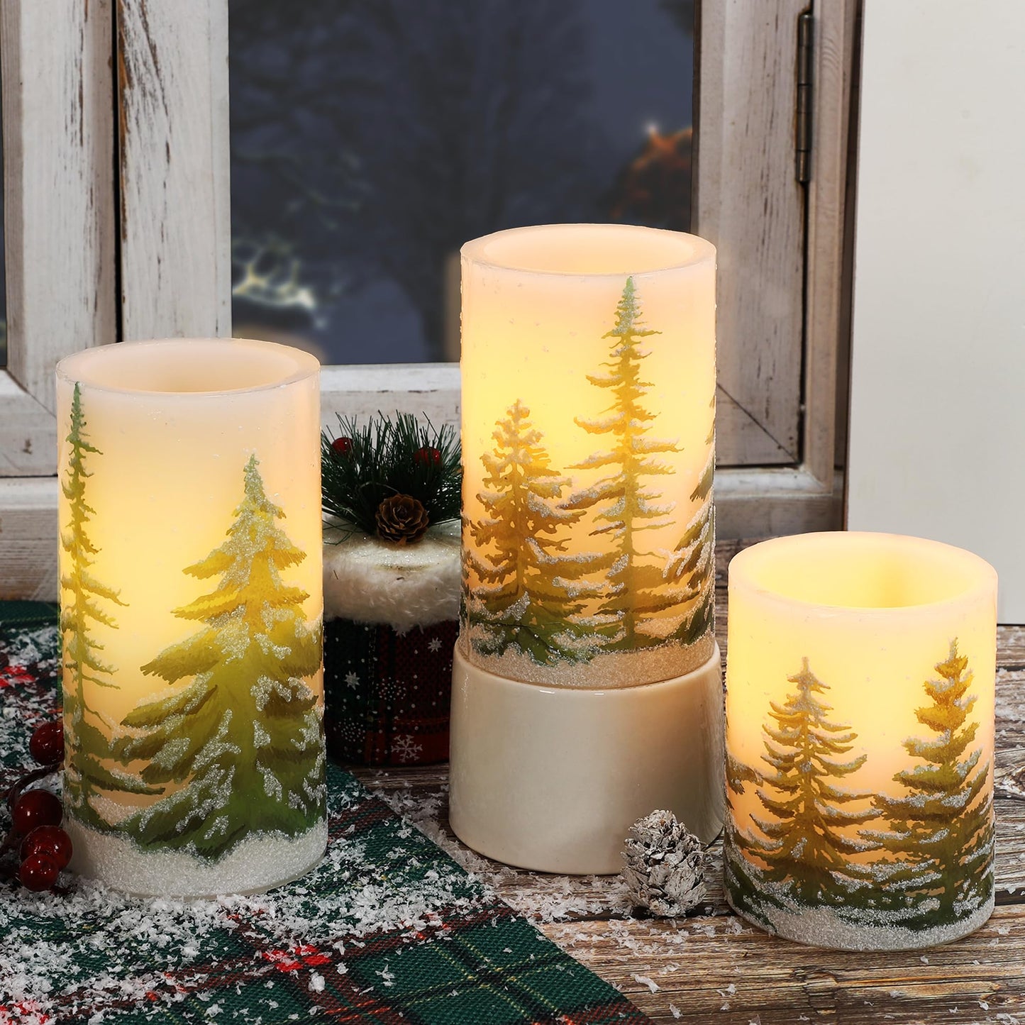 MELTONE Christmas Tree Flameless Candles with Remote Real Wax Flickering Battery Operated Candles - Home Party Fall Holiday Xmas Decorations - Set of 3