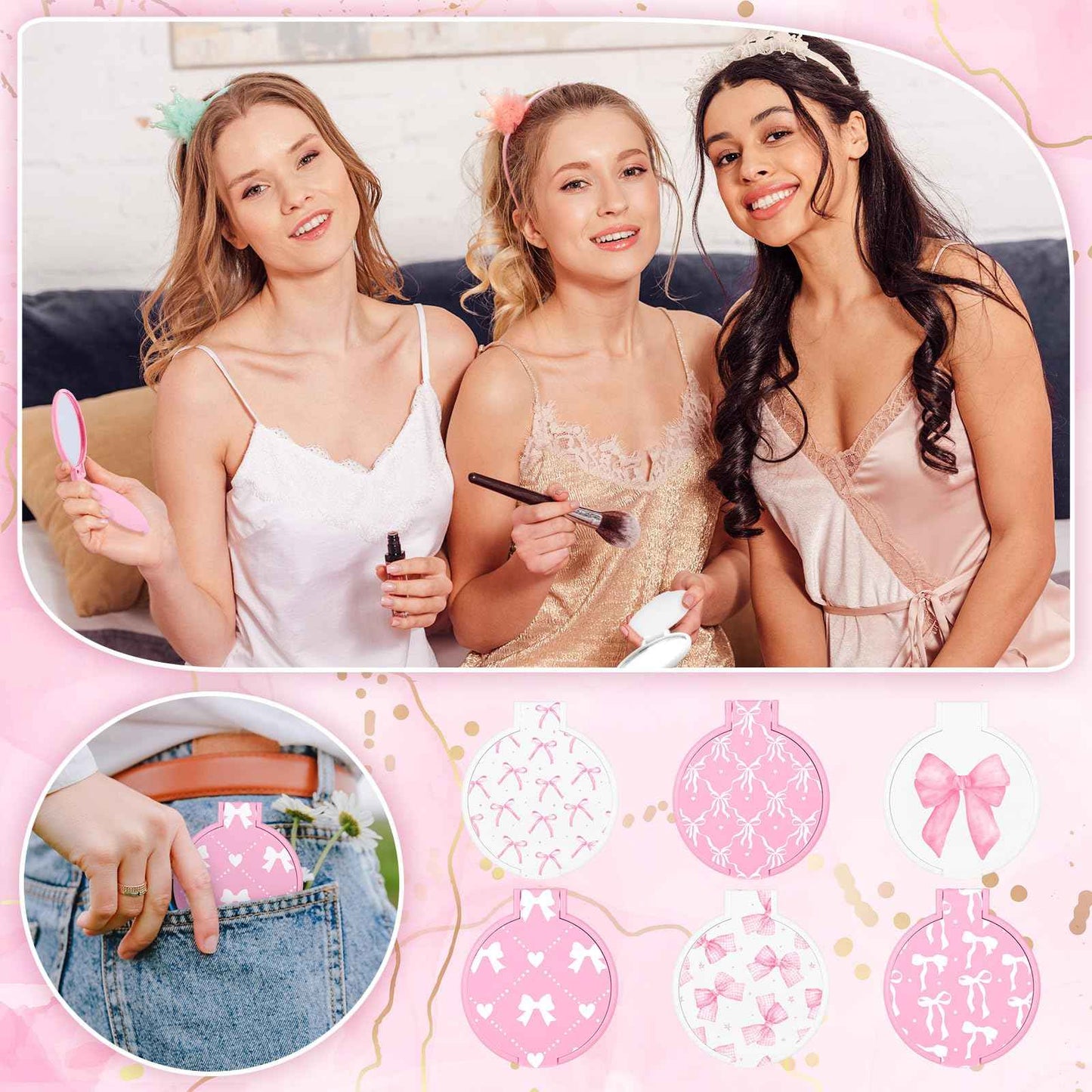 Namalu 36 Pcs Pink Bow Coquette Mini Compact Mirrors Party Aesthetic Gifts Bulk for Women Wedding Bridal Travel Portable Round Pocket Makeup Mirror Gift for Purse Party Favors Breast Cancer