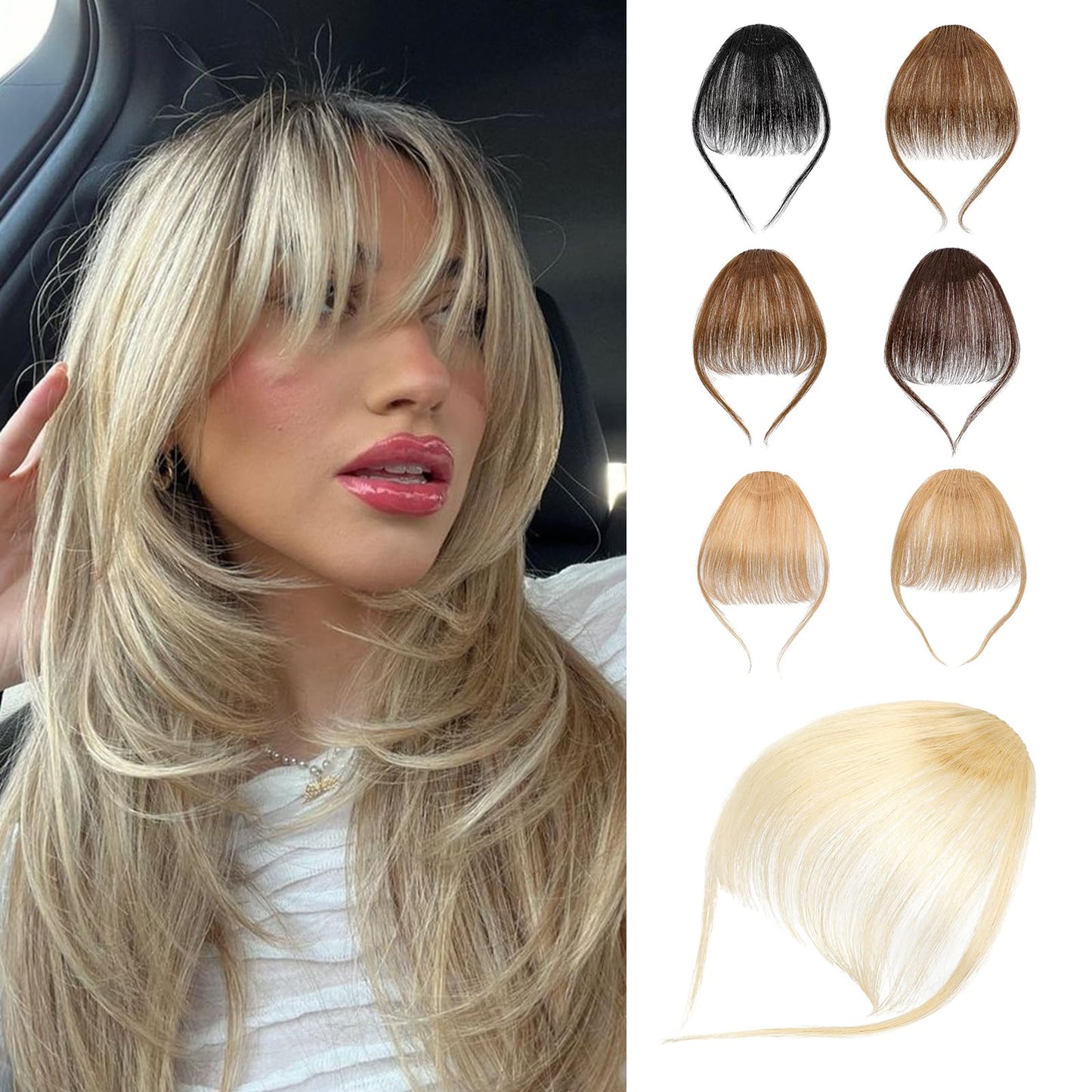 Cephermer Clip in Bangs - 100% Human Hair Wispy Bangs Hair Clip Fake Bangs Fringe with Temples Hairpieces Air Bangs for Women Bleach Blonde