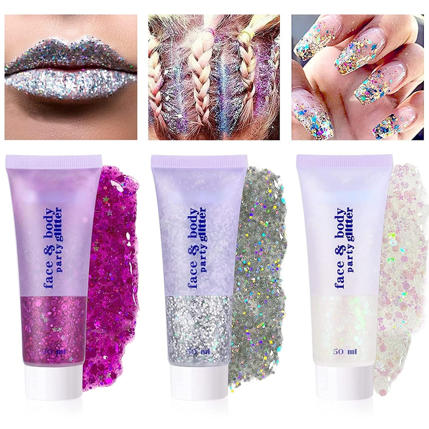 3 Pack Face glitter, Perfect Body Glitter for Concert Outfit Makeup and Party Festival Rave Highlighter Makeup. (02-Gold & 03-Pink & 06-White Moonbeam)