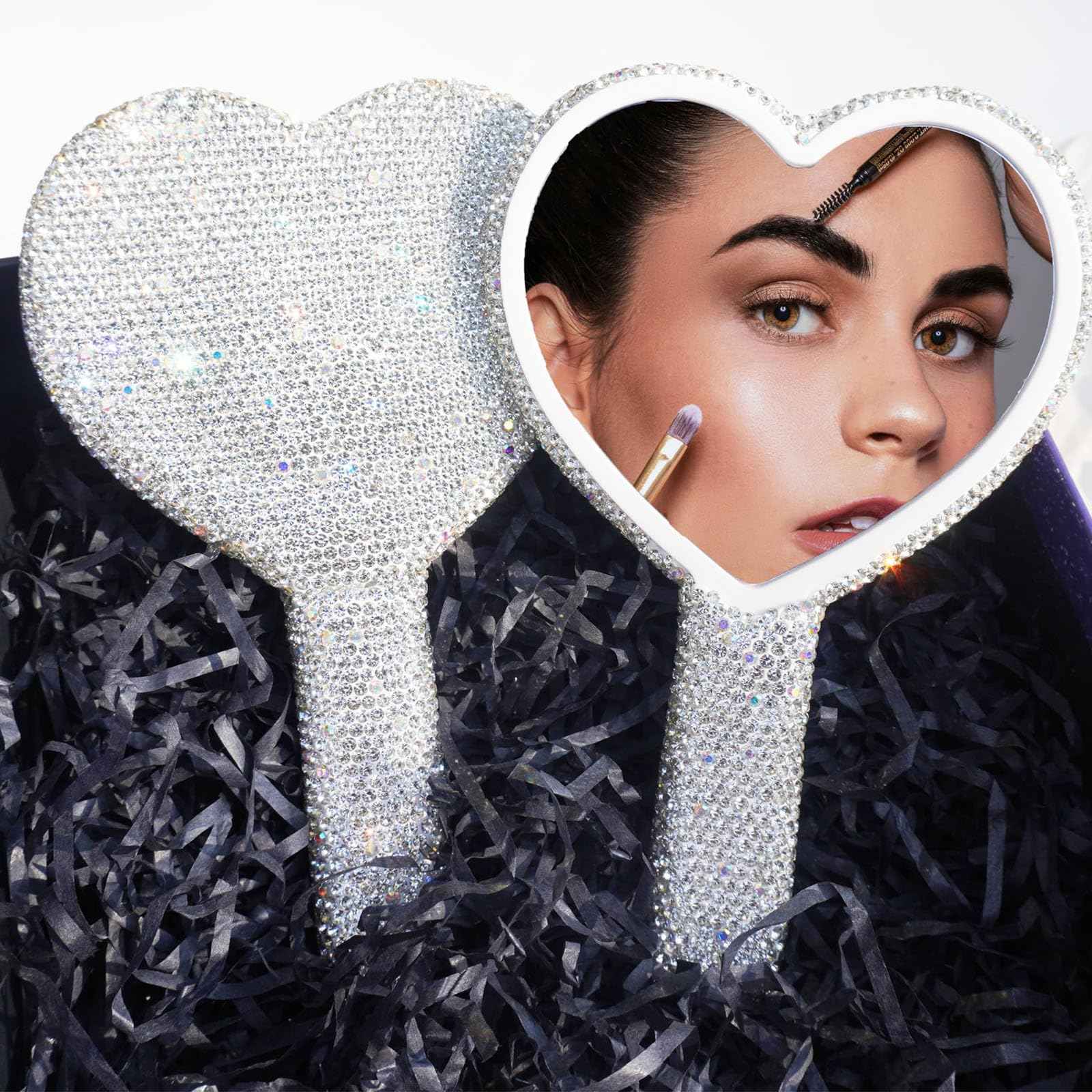 Frinnovan Large Rhinestone Handheld Mirror Heart Bling Glitter Cosmetic Dazzling Portable Hand Mirrors with Handle for Women Wedding Silver White