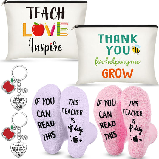 Saintrygo 6 Pcs Teacher Appreciation Gift Set for Women 2 Pcs Teacher Cosmetic Makeup Bags 2 Pairs Teacher Theme Novelty Cozy Fuzzy Socks and 2 Pcs Teacher Keychain(Teach Love Inspire)