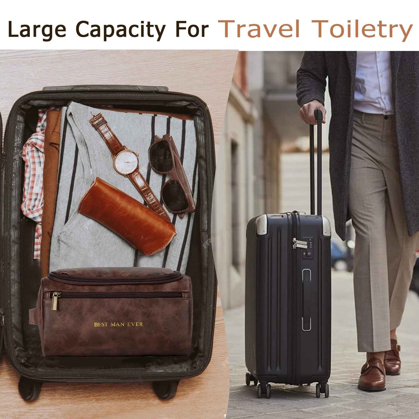 Flycalf Mens Toiletry Travel Bag Customized Mens Leather Toiletries Grooming Bag for Men Shaving Bag Hanging Water Resistant Organizer (Brown)