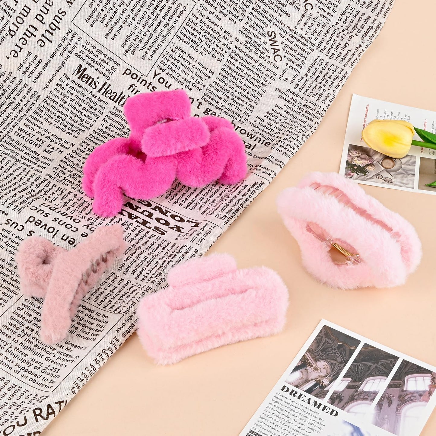 Yonchic 4-Piece Faux Fur Hair Accessories, Different Shapes, Strong Hold Non-Slip Clips for Thin/Medium Thick Hair (Pink)