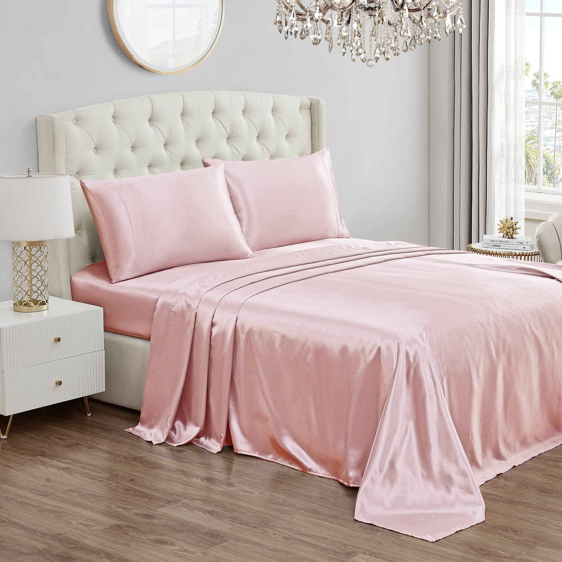 Juicy Couture King Size Silk Satin Bed Sheet Set, Deep Pocket Silky King Sheet Set with 1 Fitted Sheet, 1 Flat Sheet and 2 Pillow Case, Wrinkle Resistant and Anti Pilling Bed Sheets - Pink