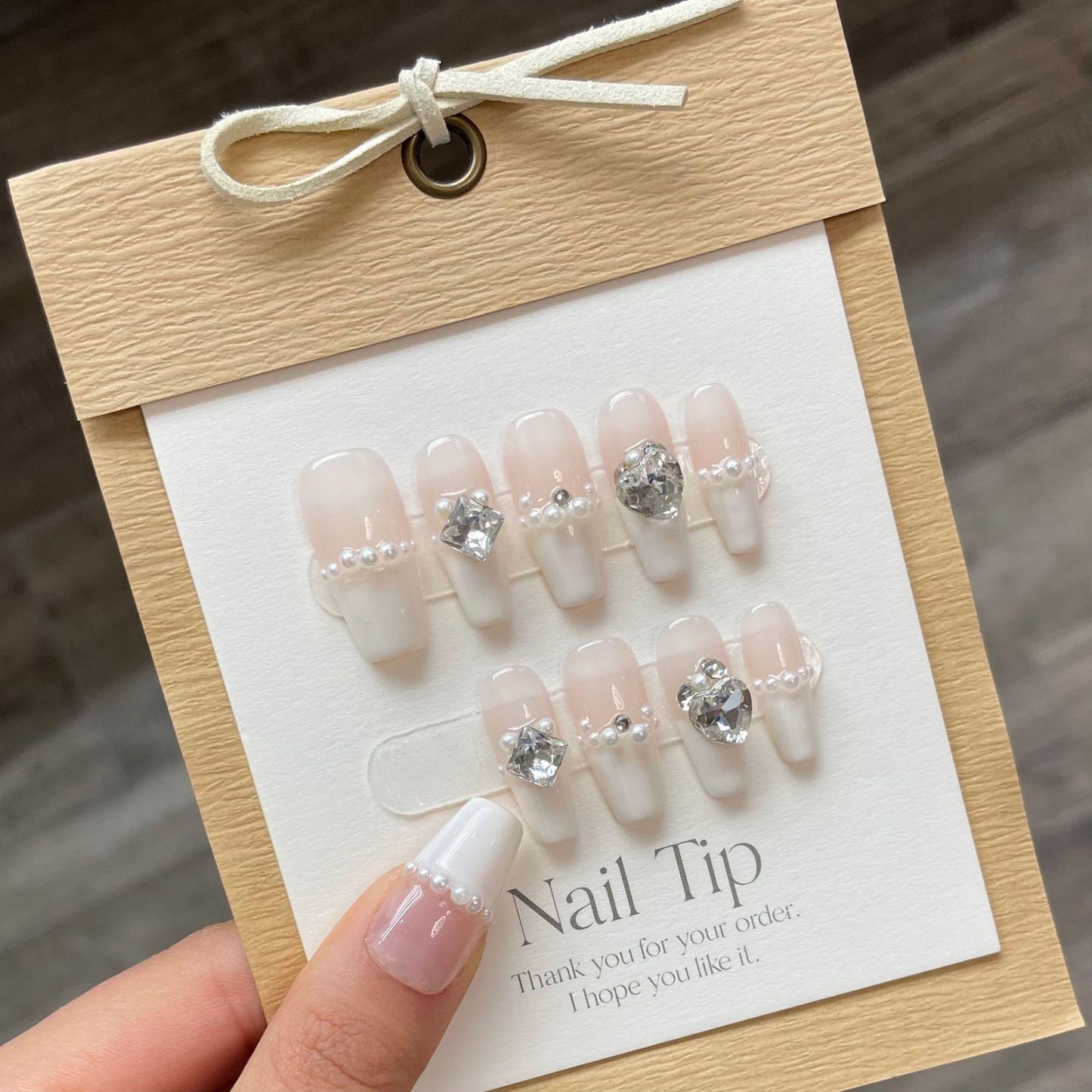 NLSJMP Strong Thick Sturdy,handmade nails press on false nails long stiletto rhinestone french pearl cute acrylic fake nails designed kit,10 Pcs, Size L,#815