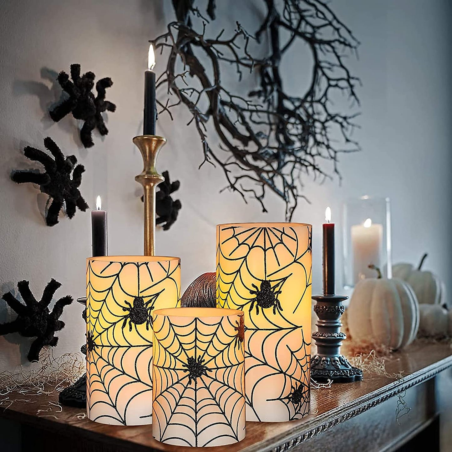 REVELBUNNY Halloween Flameless Candles, Spider Web Decal LED Flickering Candles with Remote Timer, Battery Operated Real Wax Pillar Candle for Halloween Home Party Spooky Decoration, Set of 3