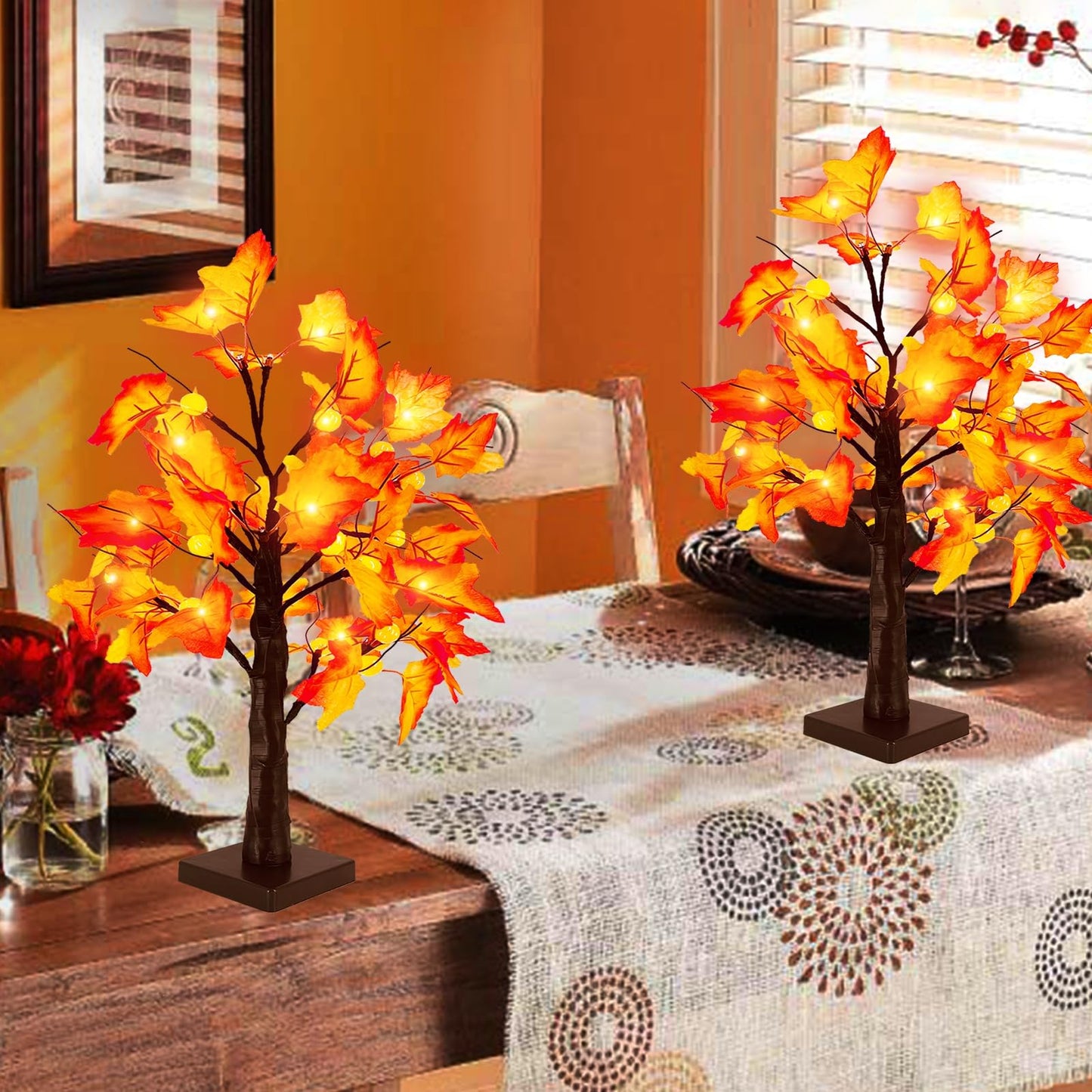 TURNMEON 18'' Fall Thanksgiving Lighted Maple Tree with Timer 24 Pumpkin Lights Battery Operated Lighted Artificial Maple Leaf Tree for Thanksgiving Decor Fall Autumn Harvest Home Tabletop Indoor