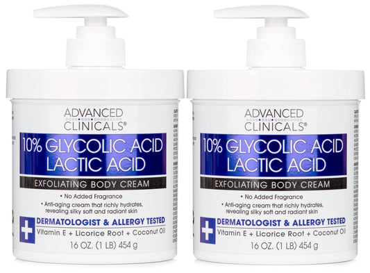 Advanced Clinicals 10% Glycolic Acid + Lactic Acid Body Lotion Skin Care Cream | Keratosis Pilaris | AHA Exfoliating KP Bump Eraser Body Moisturizer For Rough & Bumpy Skin | No Added Fragrance, 2pc