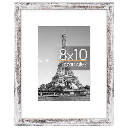 upsimples 8x10 Picture Frame, Display Pictures 5x7 with Mat or 8x10 Without Mat, Wall Hanging Photo Frame, Rustic White, 1 Pack