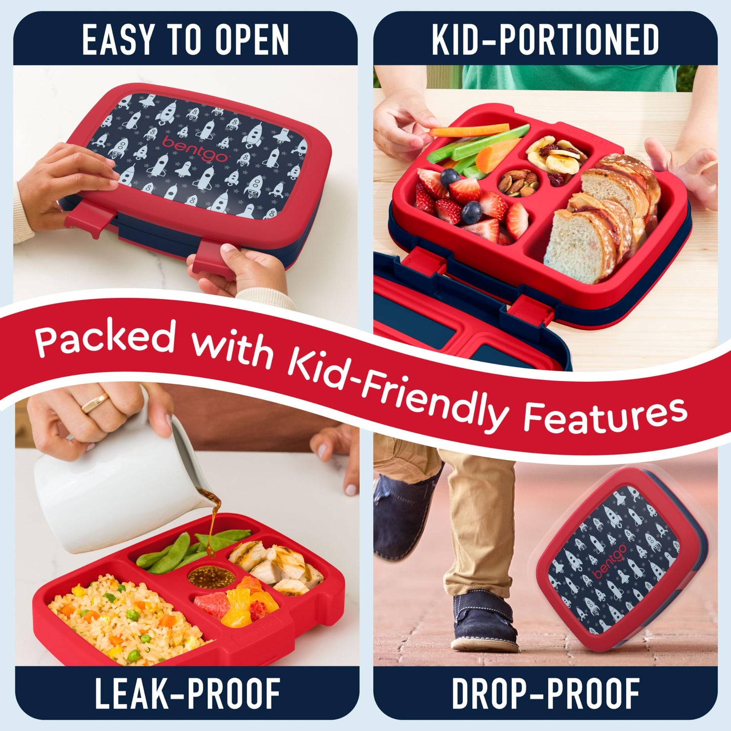 Bentgo Kids Prints Leak-Proof, 5-Compartment Bento-Style Kids Lunch Box - Ideal Portion Sizes for Ages 3-7, Durable, Drop-Proof, Dishwasher Safe, & Made with BPA-Free Materials (Rocket)