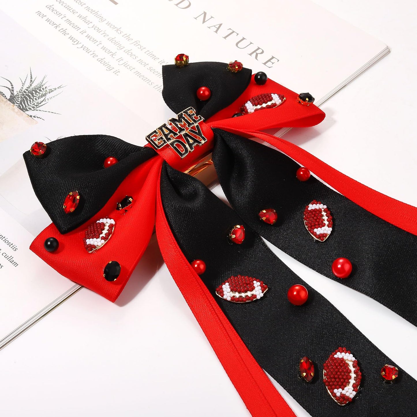 Football Hair Bows for Women Football Accessories Outfits Crystal Embellished Big Hair Bows Satin Hair Ribbons Red Black Football Cheer Bows Spirit Field Day Accessories Party Favors (Pattern A1)