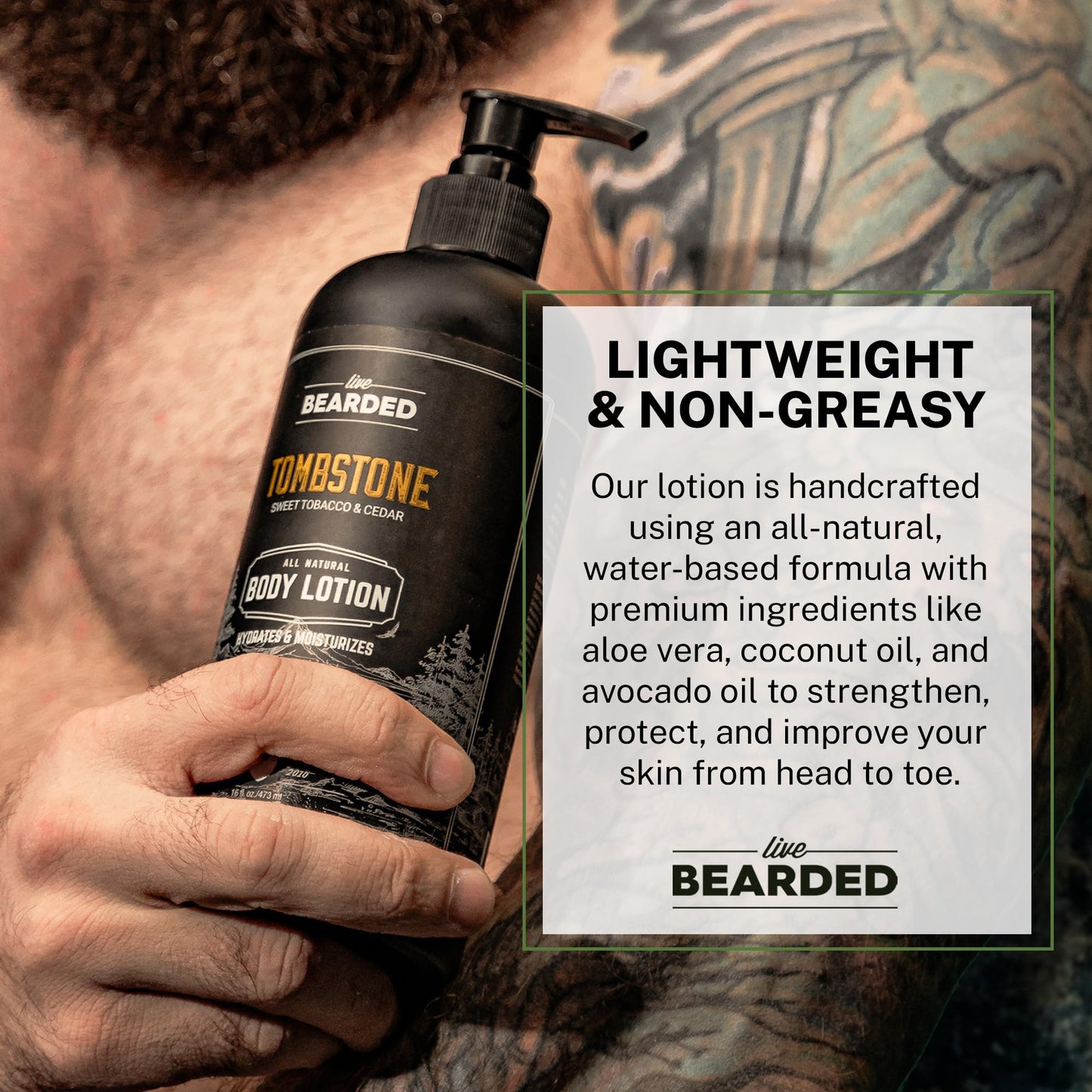 Live Bearded Premium Men's Body Lotion - All-Natural Hydrating Formula - Aloe Vera, Coconut Oil, Avocado Oil - Moisturizing Body Lotion for Men, Mens Lotion for Dry Skin - Straight Up Unscented